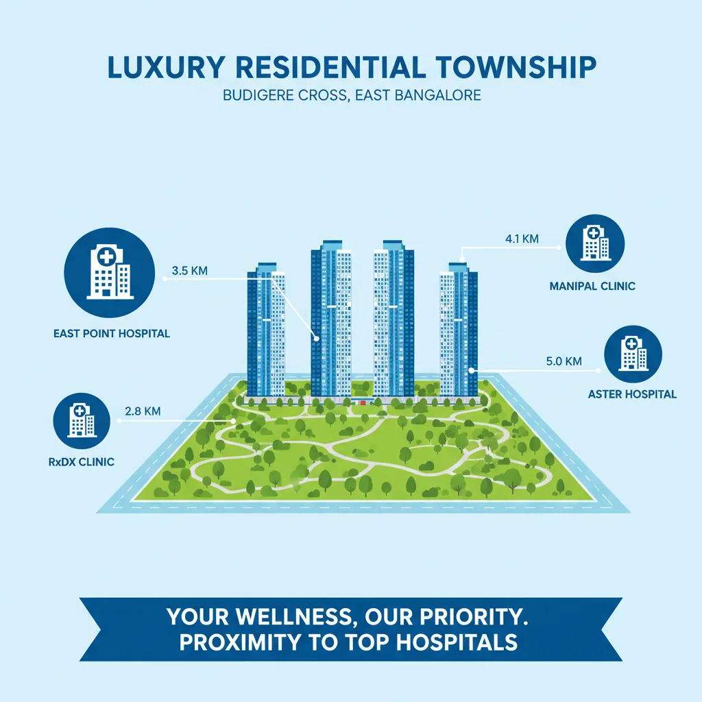 Hospitals near Sattva Aangane - Healthcare access infographic showing nearby medical facilities at Budigere Cross