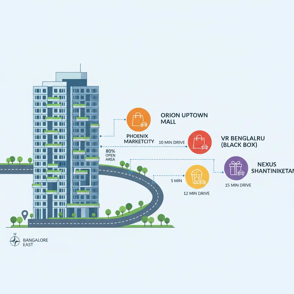 Modern infographic showing luxury residential high-rise with nearby shopping mall icons connected by dotted lines indicating drive distances from Sattva Aangane to Orion Uptown, Phoenix Marketcity, VR Bengaluru and Nexus Shantiniketan malls
