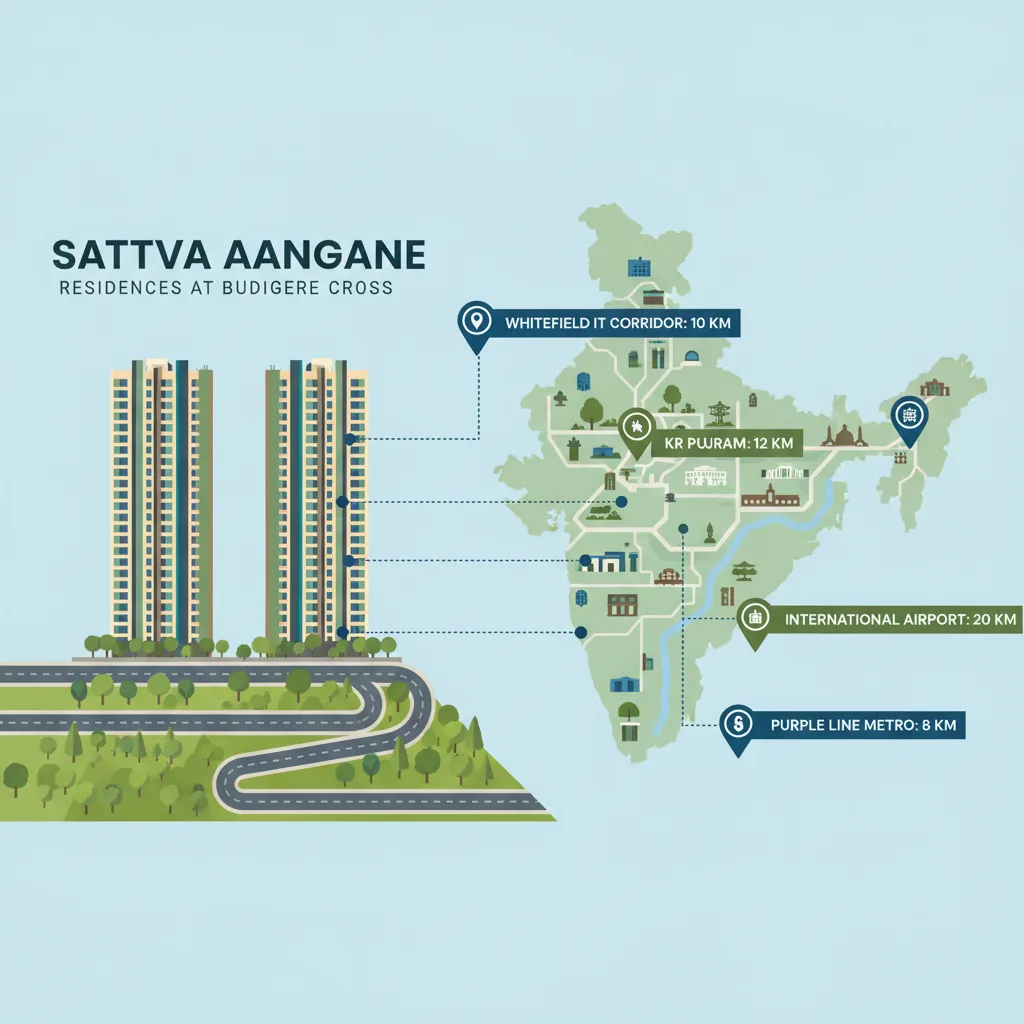 Sattva Aangane connectivity map showing distances to Whitefield IT corridor, KR Puram, International Airport, and Purple Line Metro at Budigere Cross