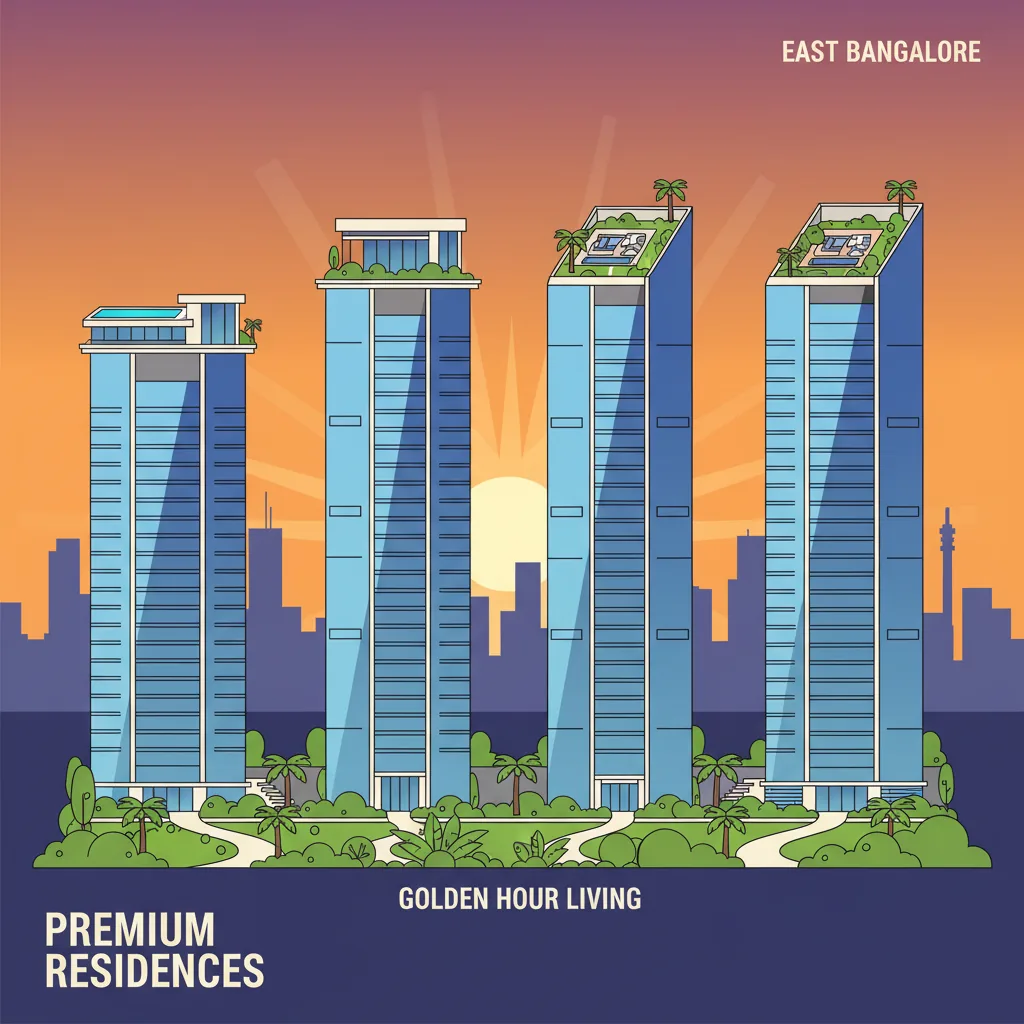 Sattva Aangane Photos - Modern luxury residential high-rise towers at sunset with glass facades, landscaped gardens, and rooftop amenities