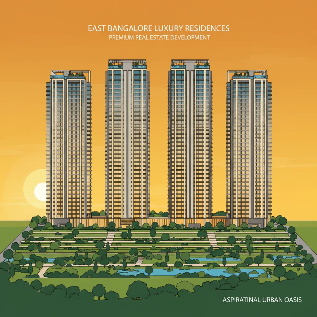 Modern luxury residential high-rise towers at sunset, 4 elegant skyscrapers with glass balconies rising 35 floors, surrounded by lush green landscaped gardens and open parks covering 80% of the property. Premium real estate development visualization, upscale East Bangalore location, rooftop amenities visible, clean architectural lines, warm golden hour lighting, professional real estate photography style, aspirational lifestyle imagery