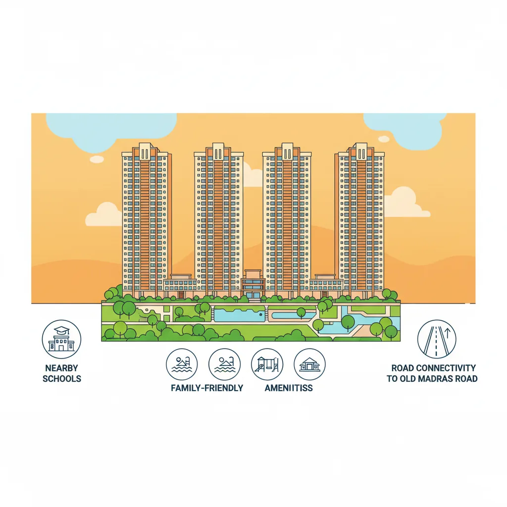Schools near Sattva Aangane - Modern infographic showing residential towers at Budigere Cross with nearby schools and family-friendly amenities
